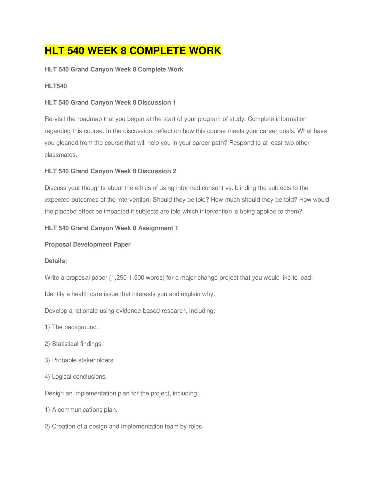 Preview image for HLT 540 Full Week 8 (Assignments & Discussions) 100% complete